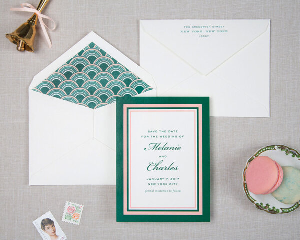 green and pink retro wedding save the date