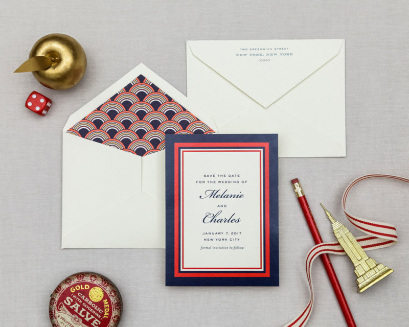 navy and red retro wedding save the date