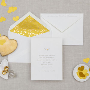 gold foil hearts wedding save the date