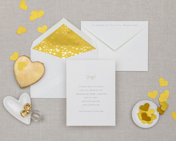 gold foil hearts wedding save the date