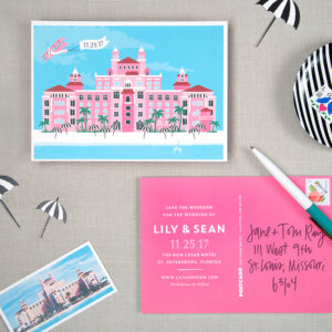 pink save the date wedding postcard